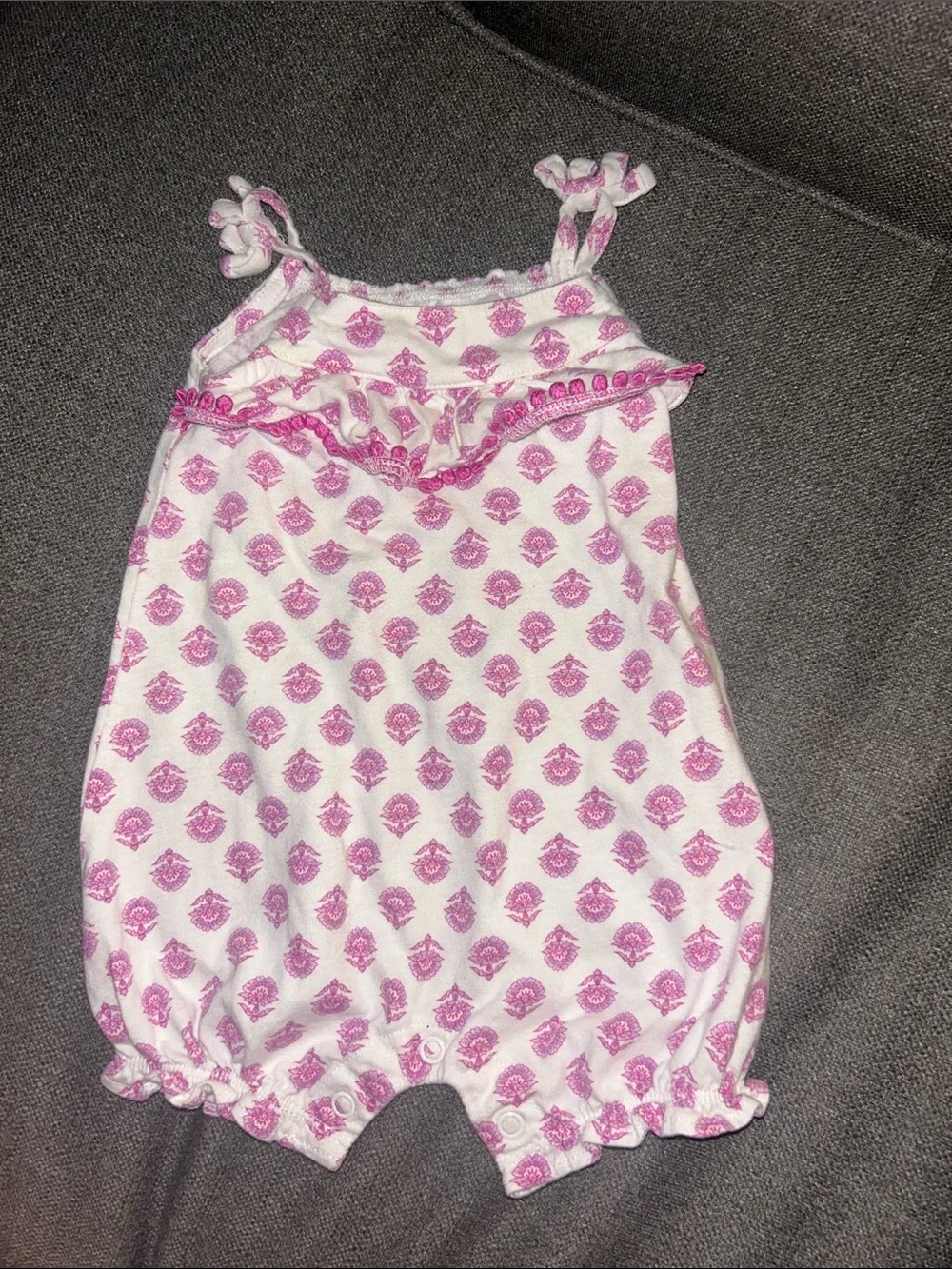 Carter's White Romper with Pink Print and Ruffle Trim